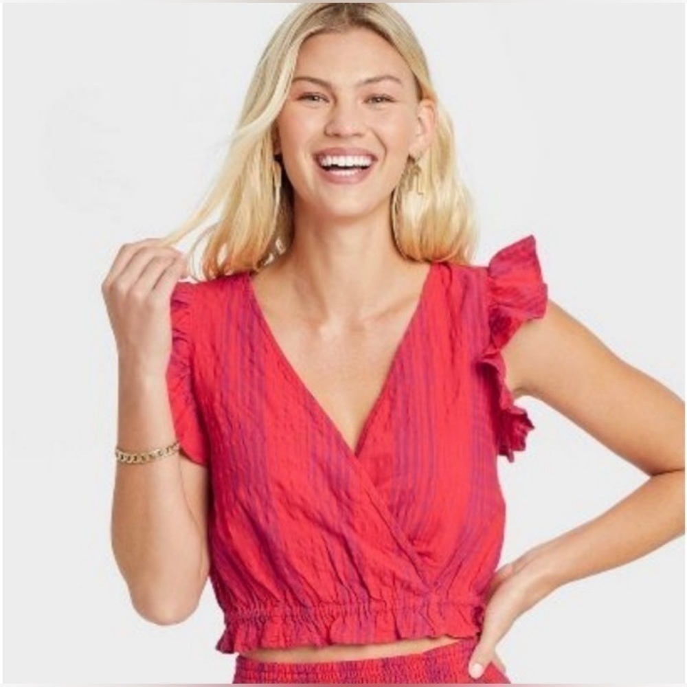 UNIVERSAL-THREAD-FLUTTER-SLEEVELESS-CROPPED-WRAP-TOP-RED-STRIPE-SIZEXL XXL